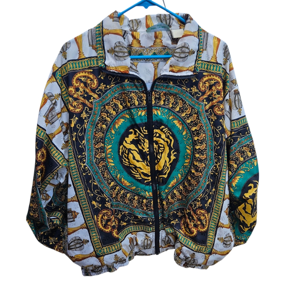 Vintage Baroque All Over Print Dragon 80s Bomber Jacket L Green Gold Black Gaudy